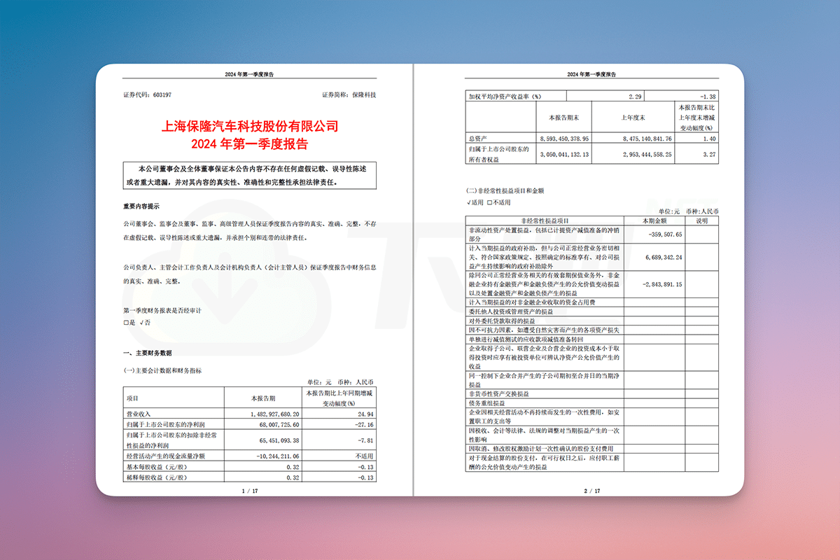 上市公司保隆科技2024年第一季度报告